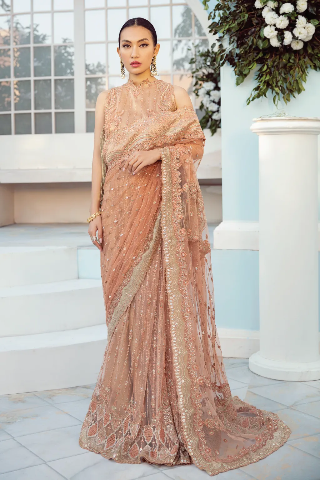Peach Saree in Net with Elegant Embroidery Work #PF472