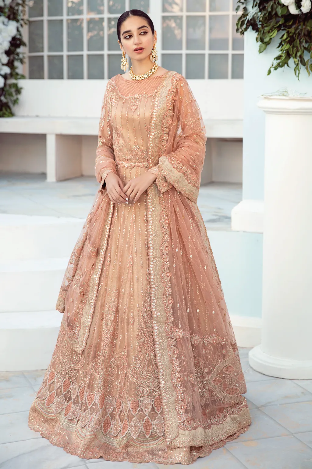 Peach Saree in Net with Elegant Embroidery Work #PF472