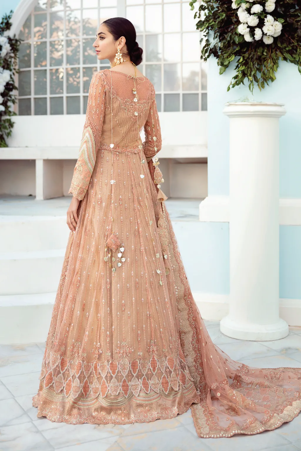 Peach Saree in Net with Elegant Embroidery Work #PF472