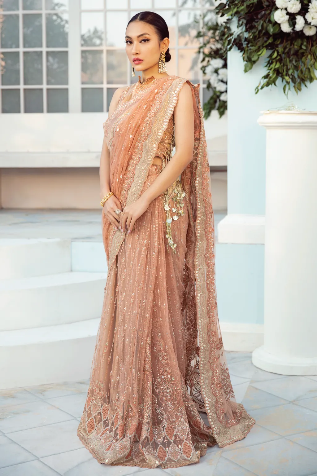 Peach Saree in Net with Elegant Embroidery Work #PF472