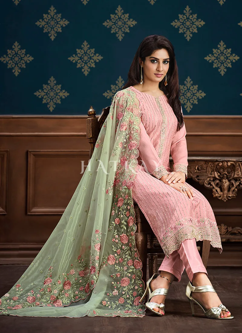 Pink And Green Floral Embroidery Pakistani Pant Suit
