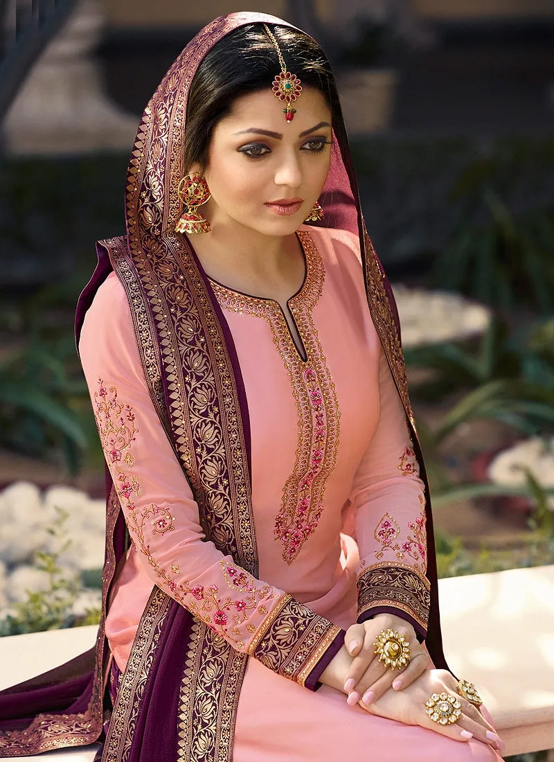 Pink And Purple Embroidered Lehenga Kurti Set