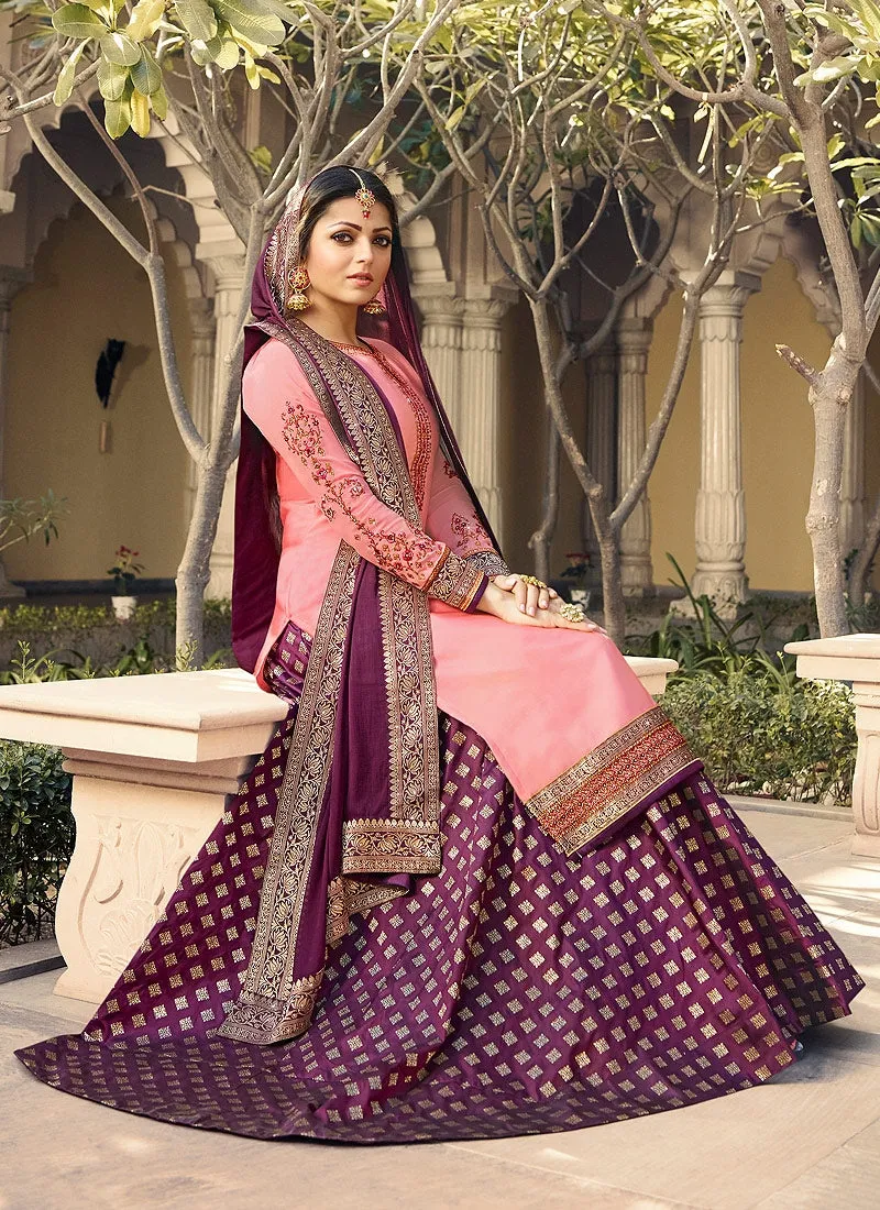 Pink And Purple Embroidered Lehenga Kurti Set