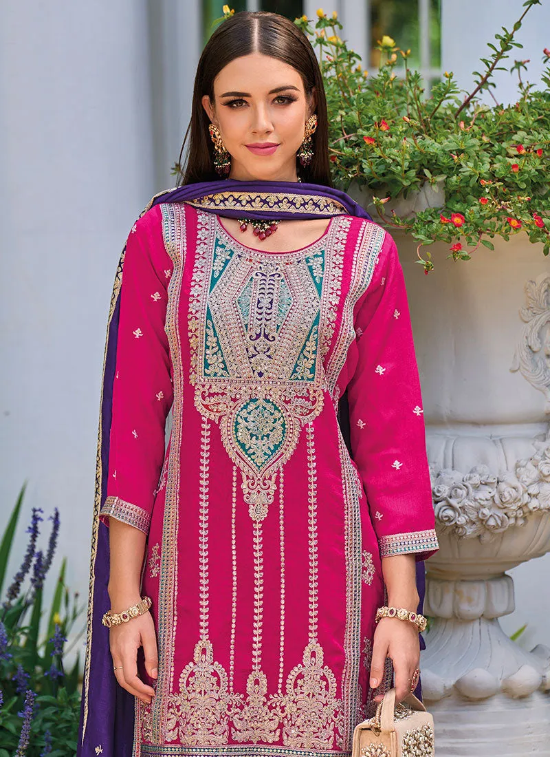 Pink And Purple Multi Embroidery Pakistani Pant Style Suit