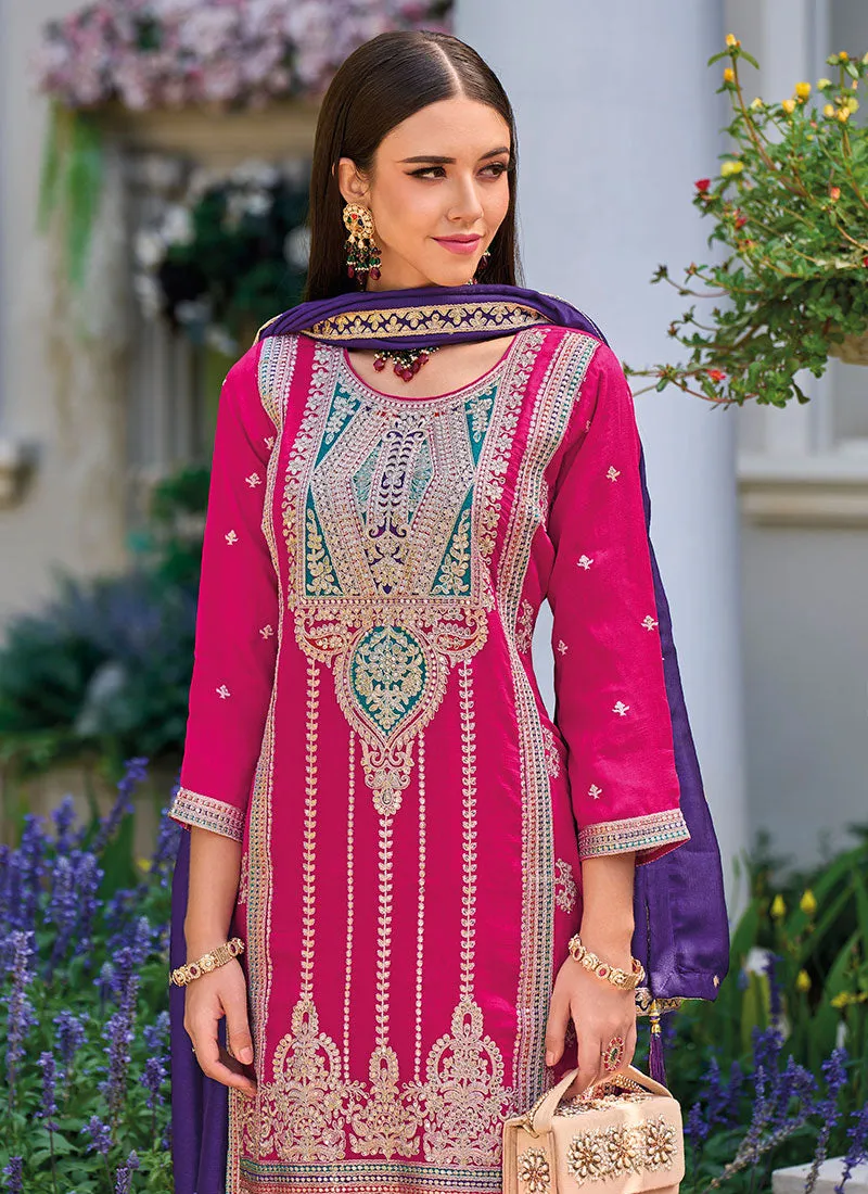 Pink And Purple Multi Embroidery Pakistani Pant Style Suit