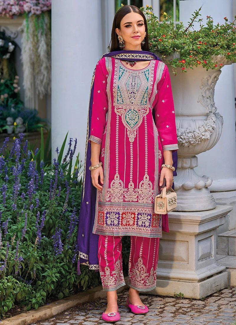 Pink And Purple Multi Embroidery Pakistani Pant Style Suit