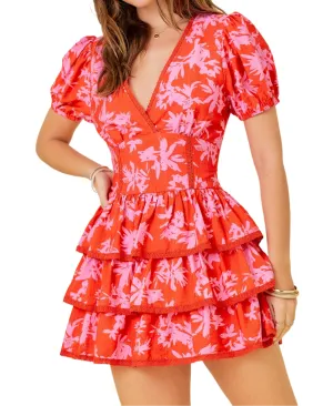 Pink and Red Floral Print Puff Sleeve..