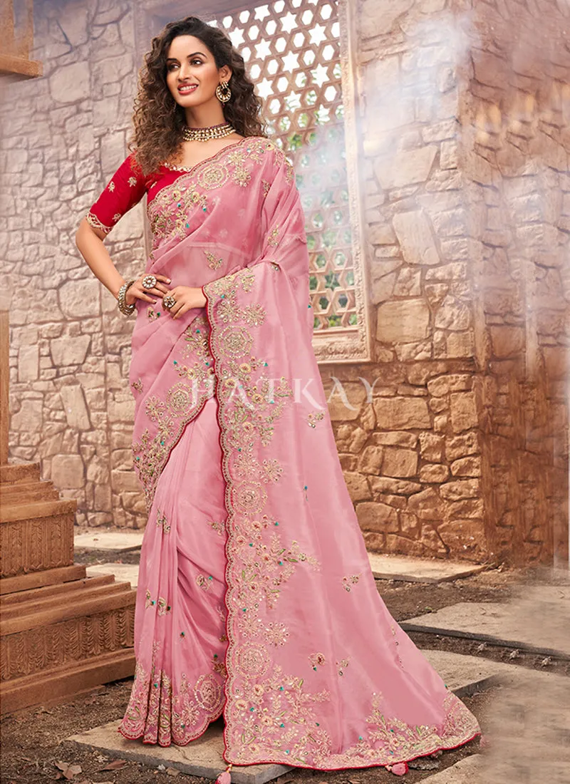 Pink And Red Multi Embroidered Partywear Saree