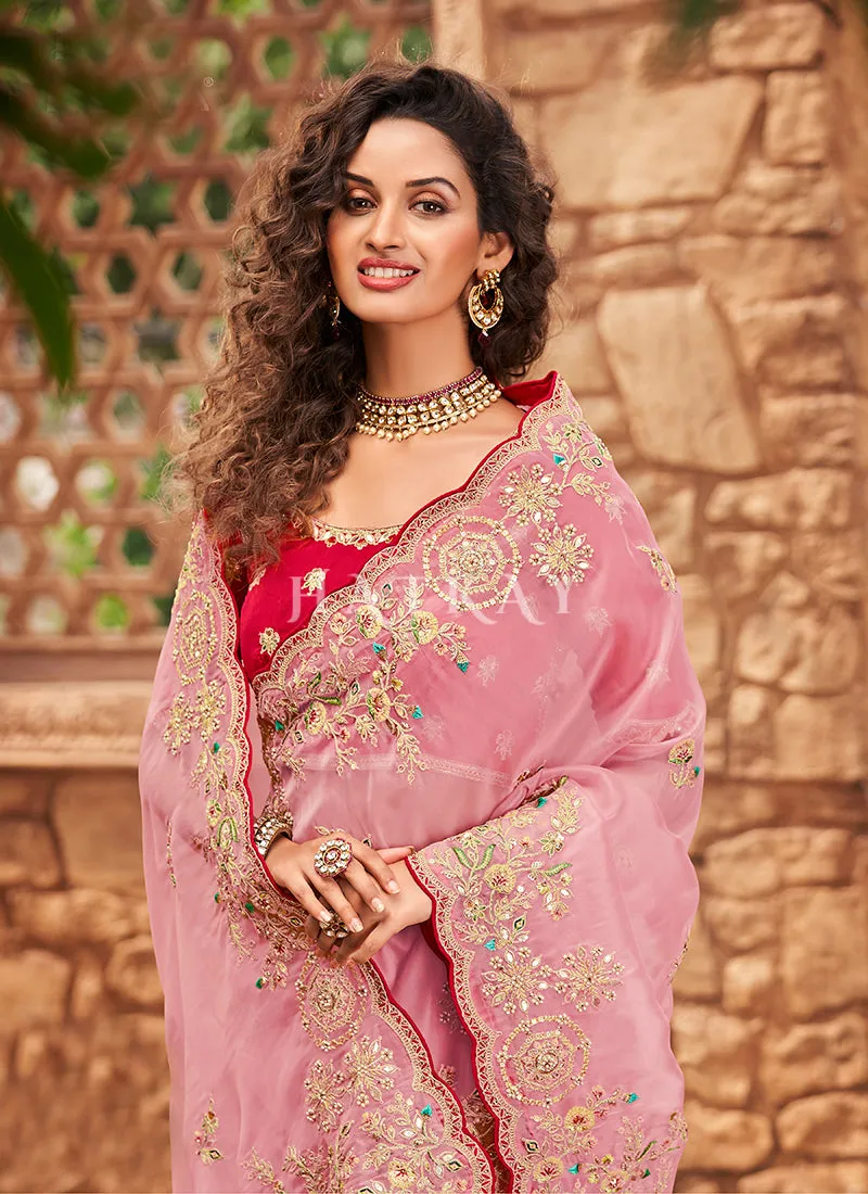 Pink And Red Multi Embroidered Partywear Saree