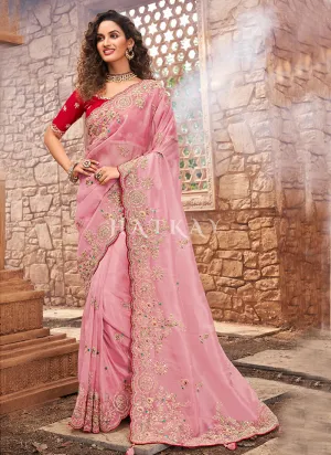 Pink And Red Multi Embroidered Partywear Saree