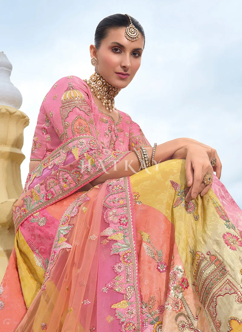 Pink And Yellow Traditional Embroidery Bridal Lehenga Choli