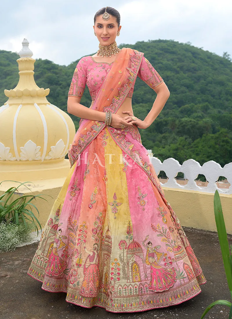 Pink And Yellow Traditional Embroidery Bridal Lehenga Choli