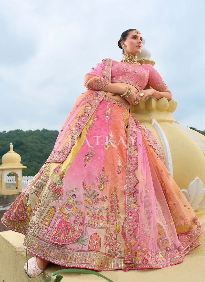 Pink And Yellow Traditional Embroidery Bridal Lehenga Choli