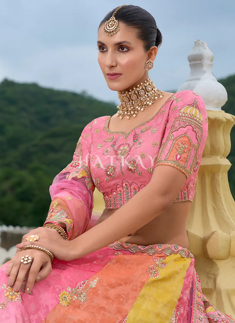 Pink And Yellow Traditional Embroidery Bridal Lehenga Choli
