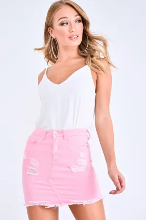 Pink Distressed Denim Skirt - Blakelyn