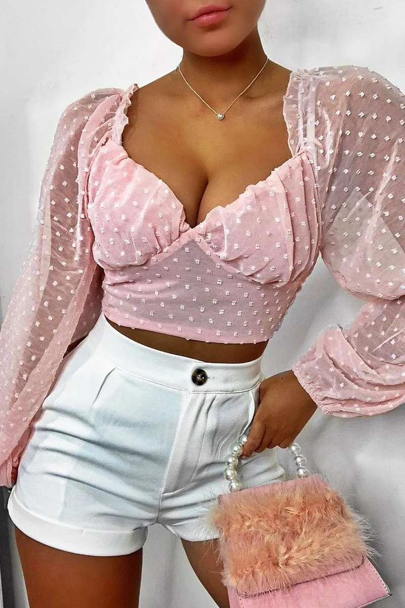 Pink Swiss Dot Frill Trim Crop Top - Mena
