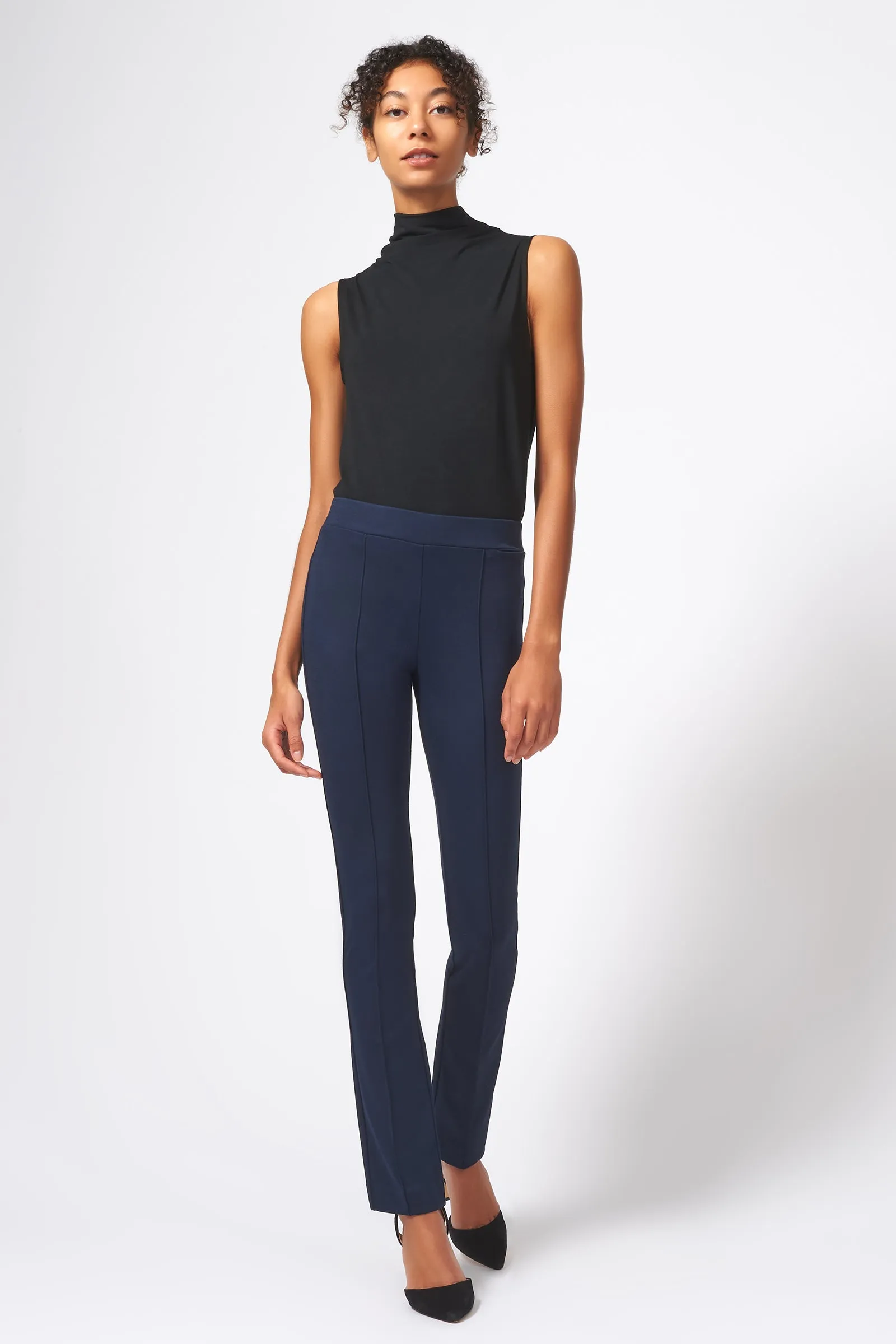 Pintuck Ponte Straight Leg Pant - Navy