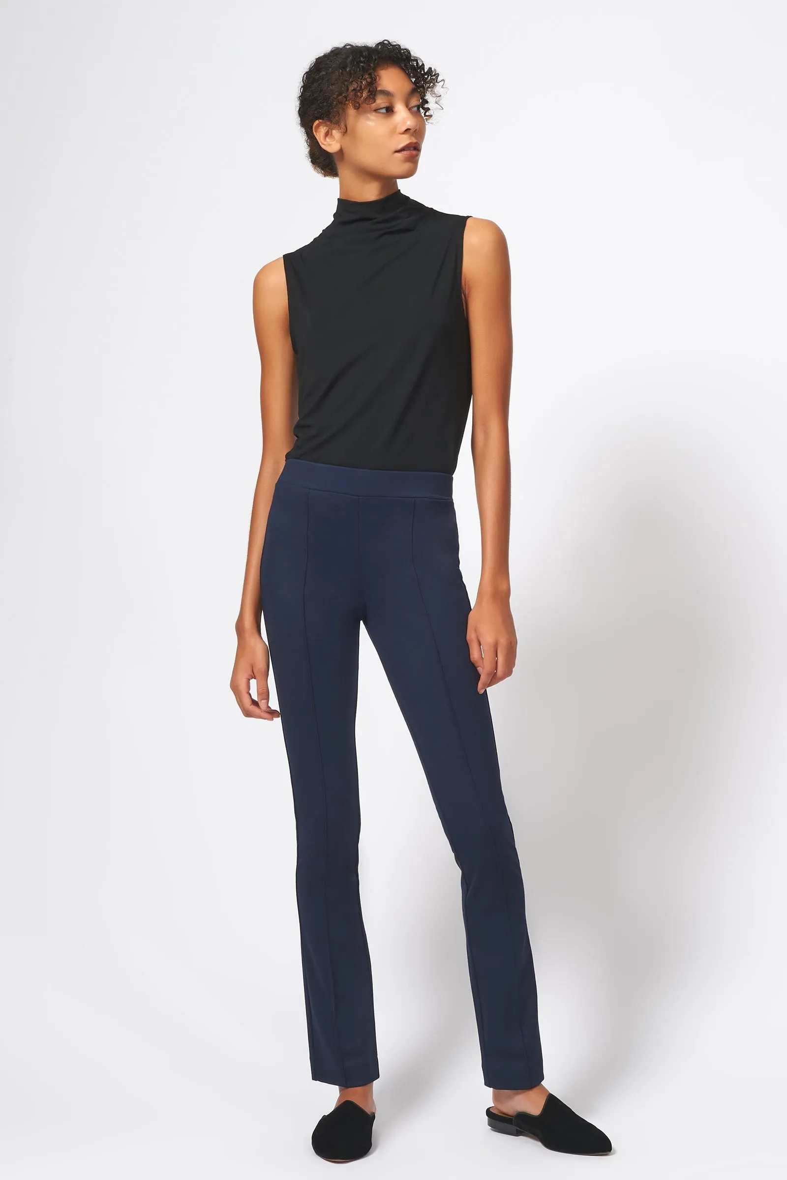 Pintuck Ponte Straight Leg Pant - Navy