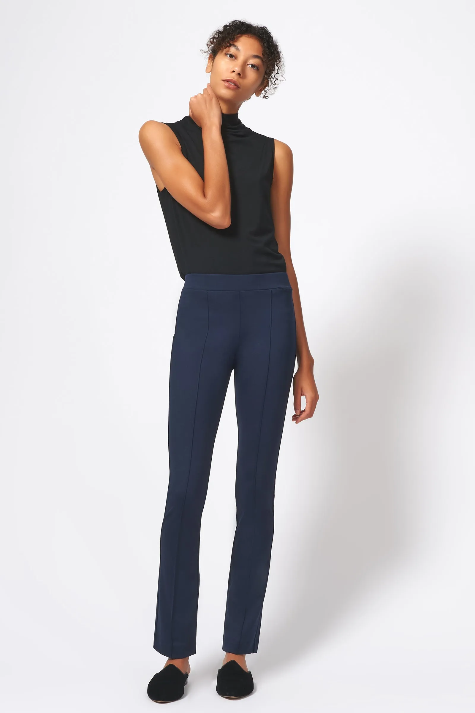 Pintuck Ponte Straight Leg Pant - Navy