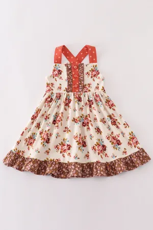 Platinum Rust Floral Print  Apron Ruffle Dress