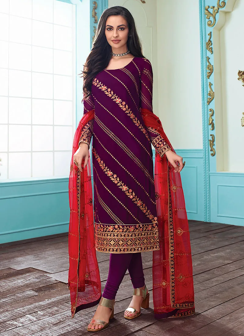 Purple And Red Embroidered Indian Churidar Suit
