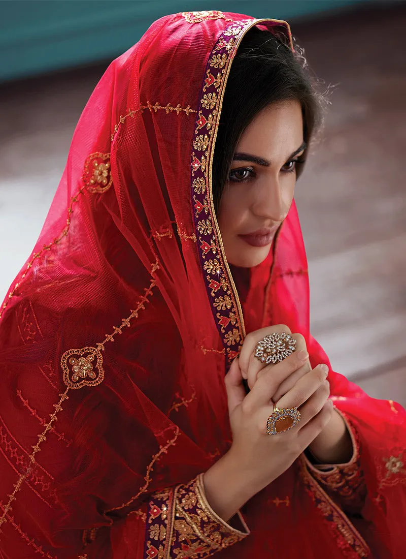 Purple And Red Embroidered Indian Churidar Suit