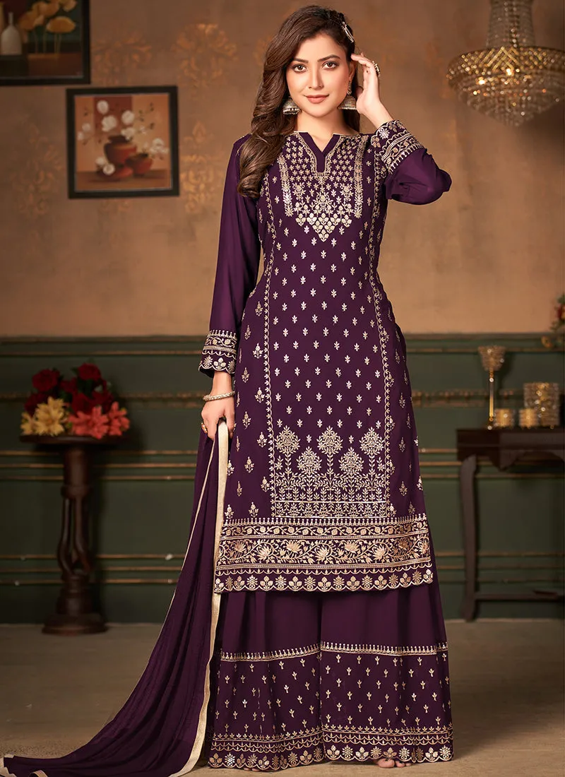 Purple Embroidered Designer Georgette Palazzo Suit