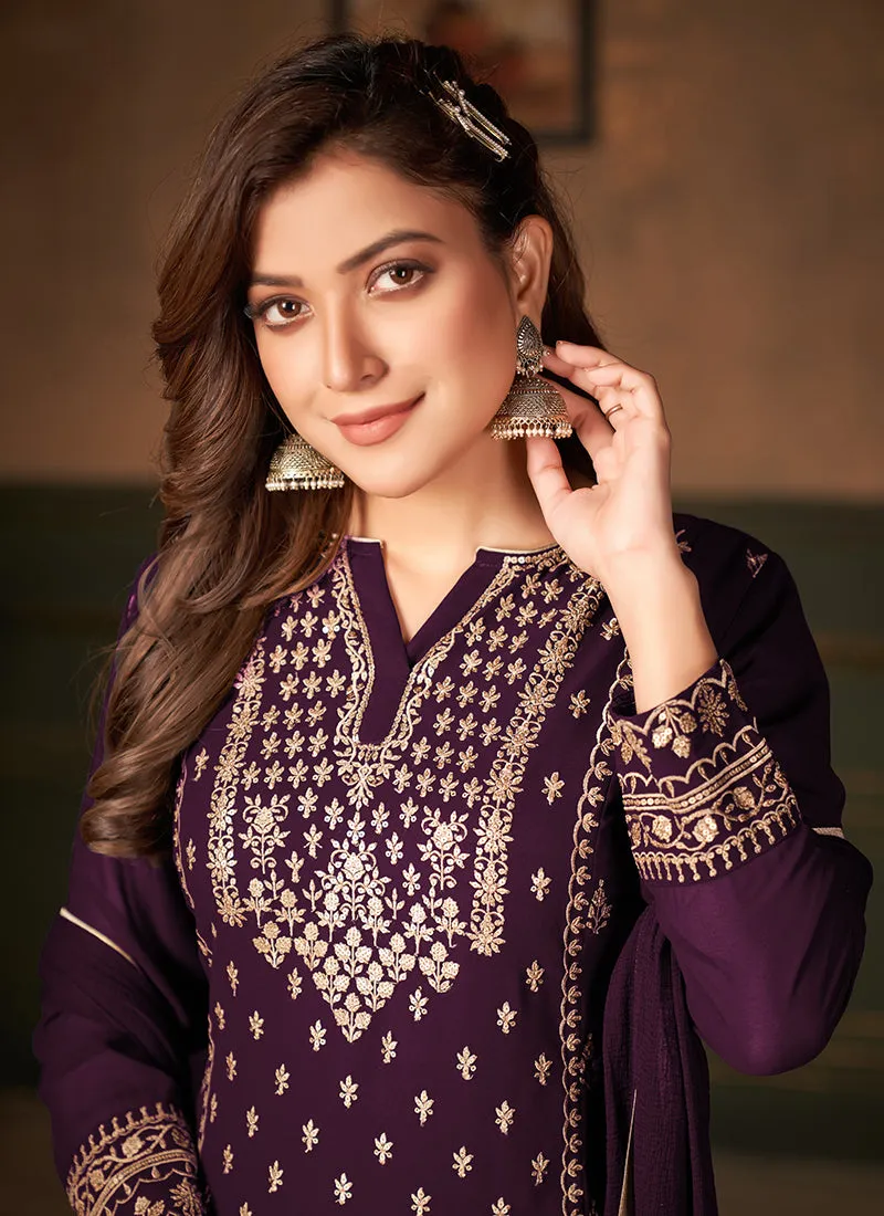 Purple Embroidered Designer Georgette Palazzo Suit