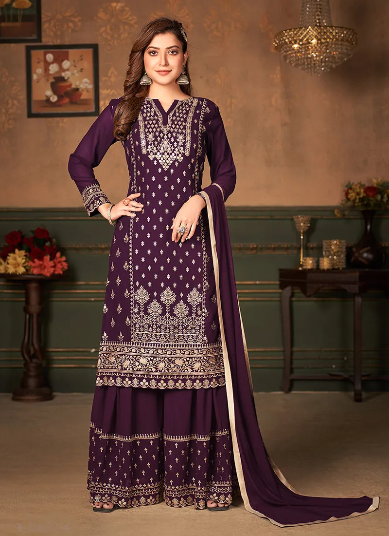Purple Embroidered Designer Georgette Palazzo Suit