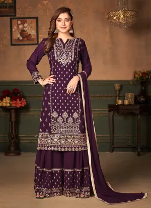 Purple Embroidered Designer Georgette Palazzo Suit