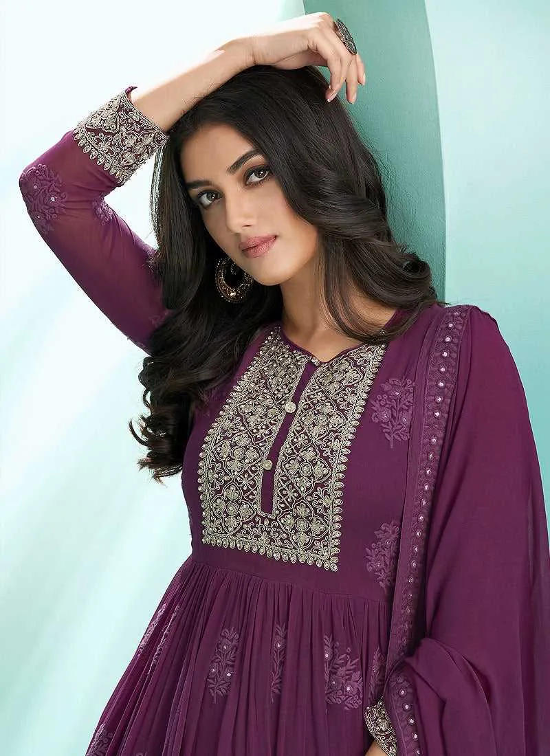 Purple Embroidered Stylish Kalidar Anarkali Suit