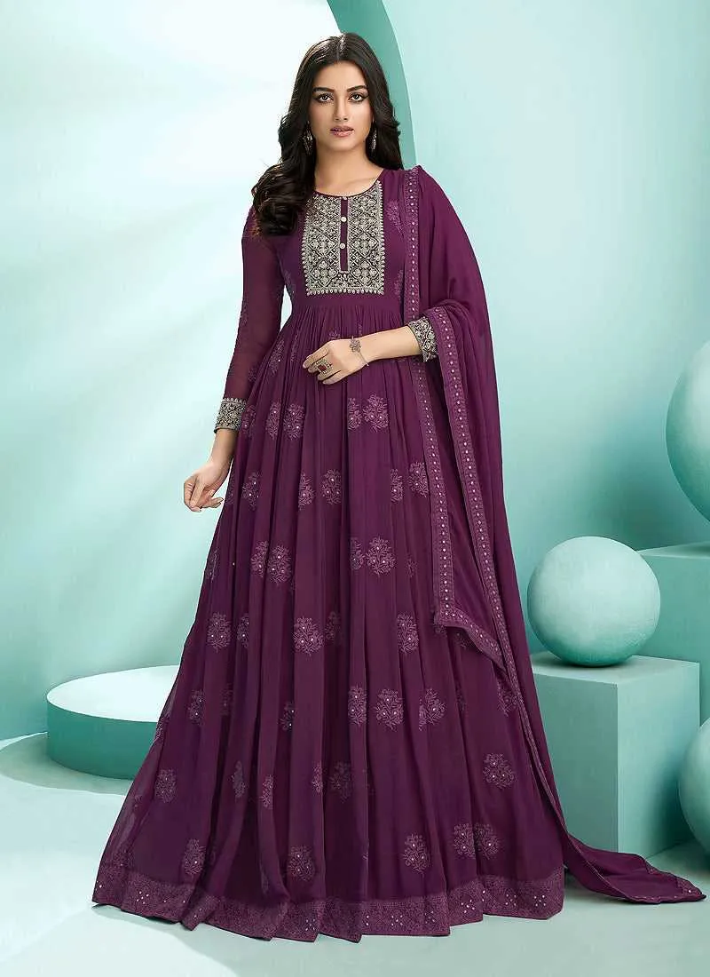 Purple Embroidered Stylish Kalidar Anarkali Suit
