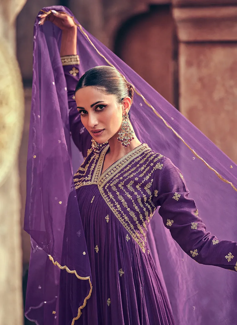 Purple Embroidery Anarkali Gown