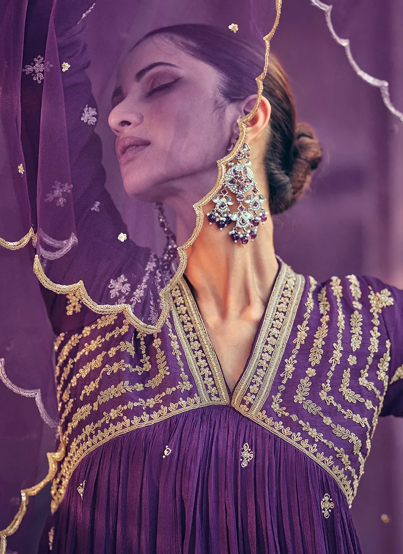 Purple Embroidery Anarkali Gown