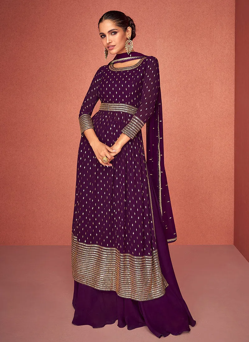 Purple Heavy Embroidered Stylish Sharara Suit