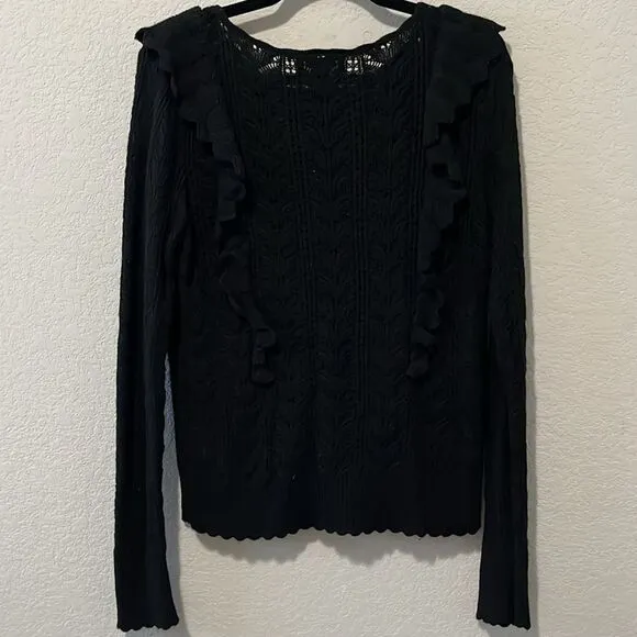 RACHEL PARCELL Black Pointelle Ruffle Lacy Knit Pullover Sweater, Size XL