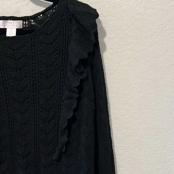 RACHEL PARCELL Black Pointelle Ruffle Lacy Knit Pullover Sweater, Size XL