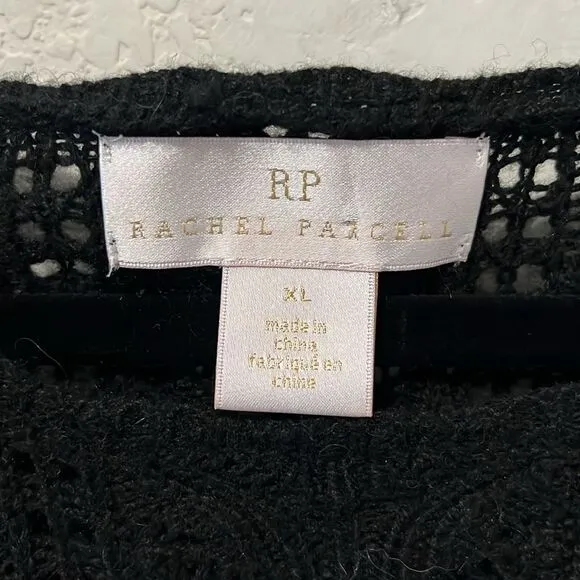RACHEL PARCELL Black Pointelle Ruffle Lacy Knit Pullover Sweater, Size XL