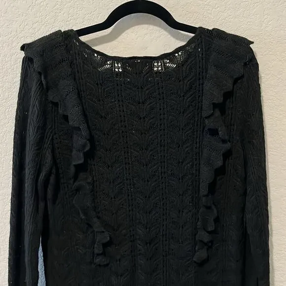 RACHEL PARCELL Black Pointelle Ruffle Lacy Knit Pullover Sweater, Size XL