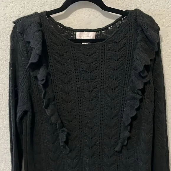 RACHEL PARCELL Black Pointelle Ruffle Lacy Knit Pullover Sweater, Size XL