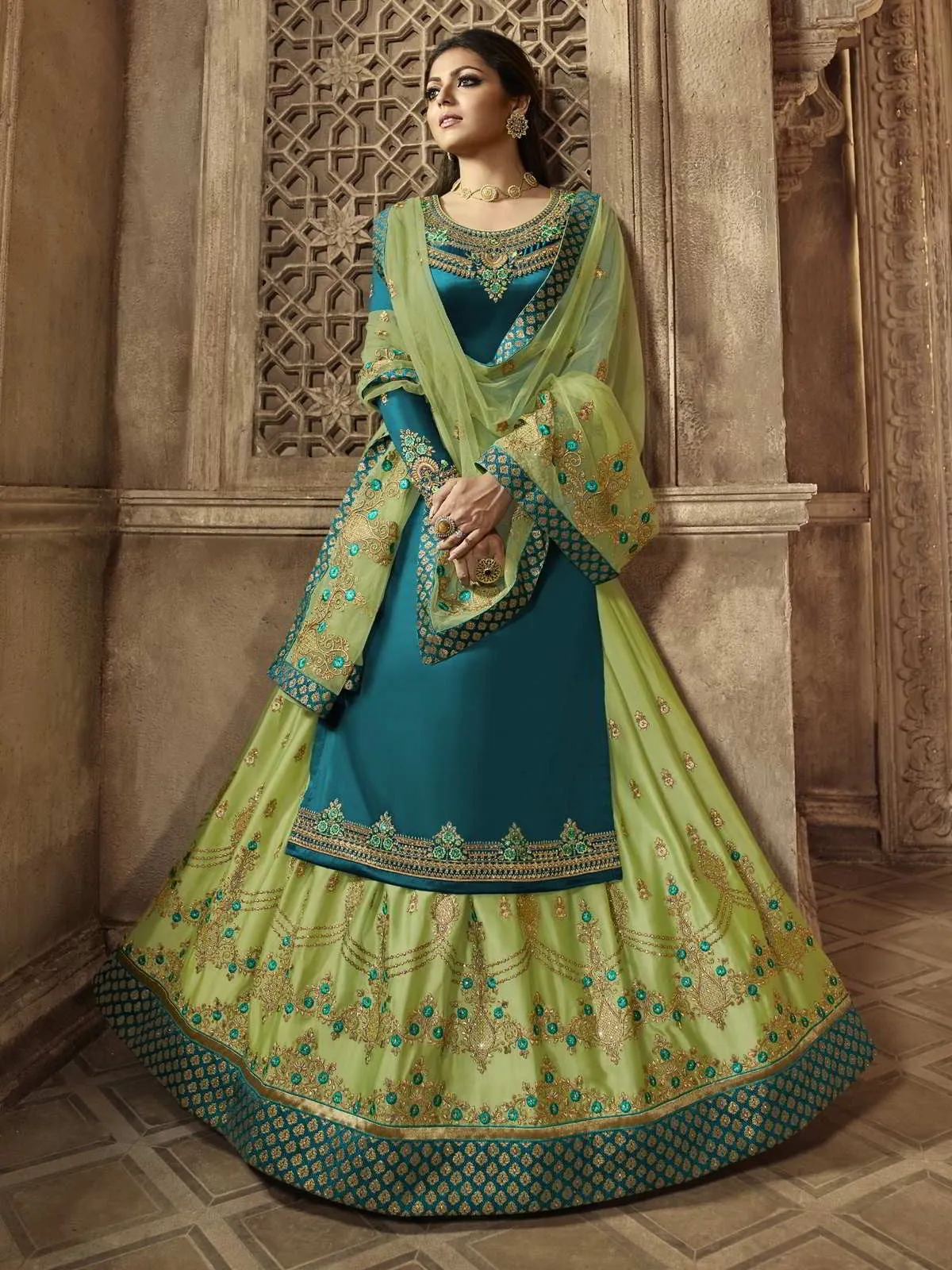 Rama Blue And Green Wedding Lehenga Suit
