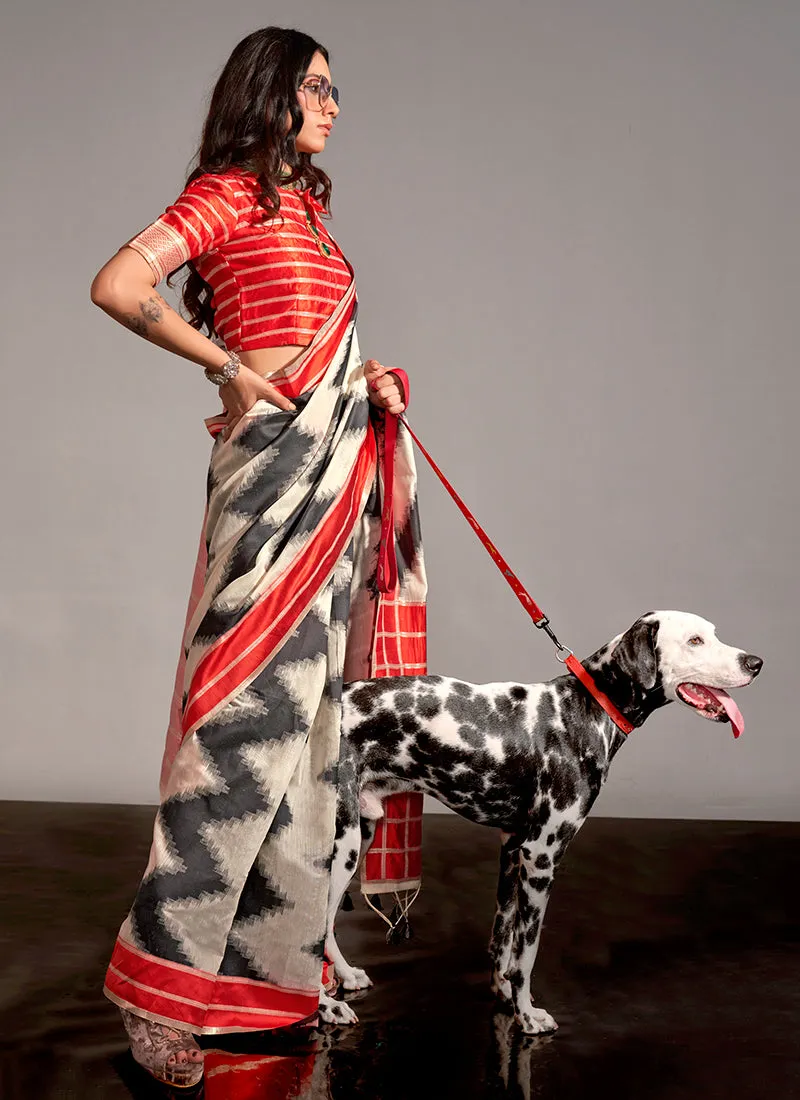 Red And Black Digital Printed Handloom Silk Saree