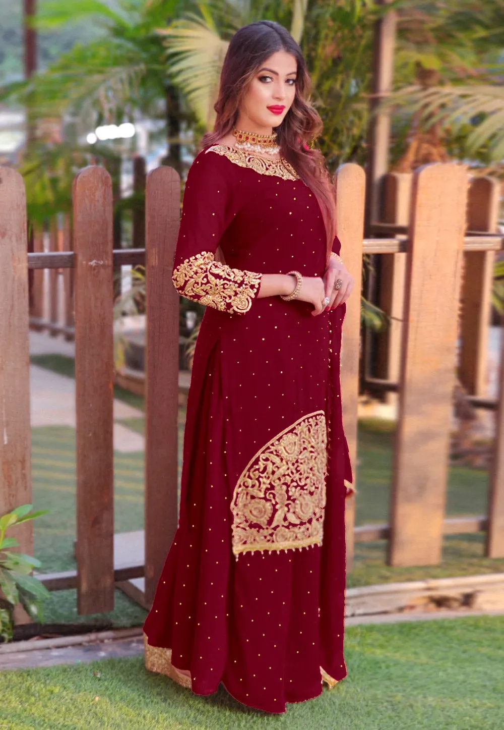 Red Golden Embroidered Sharara Suit