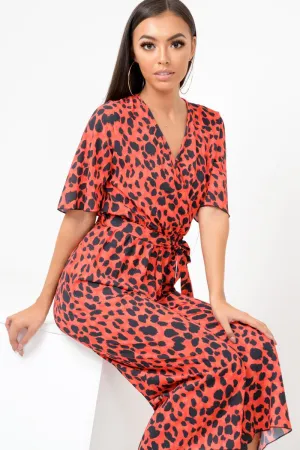 Red Leopard Print Wrap Culotte Jumpsuit -Juni