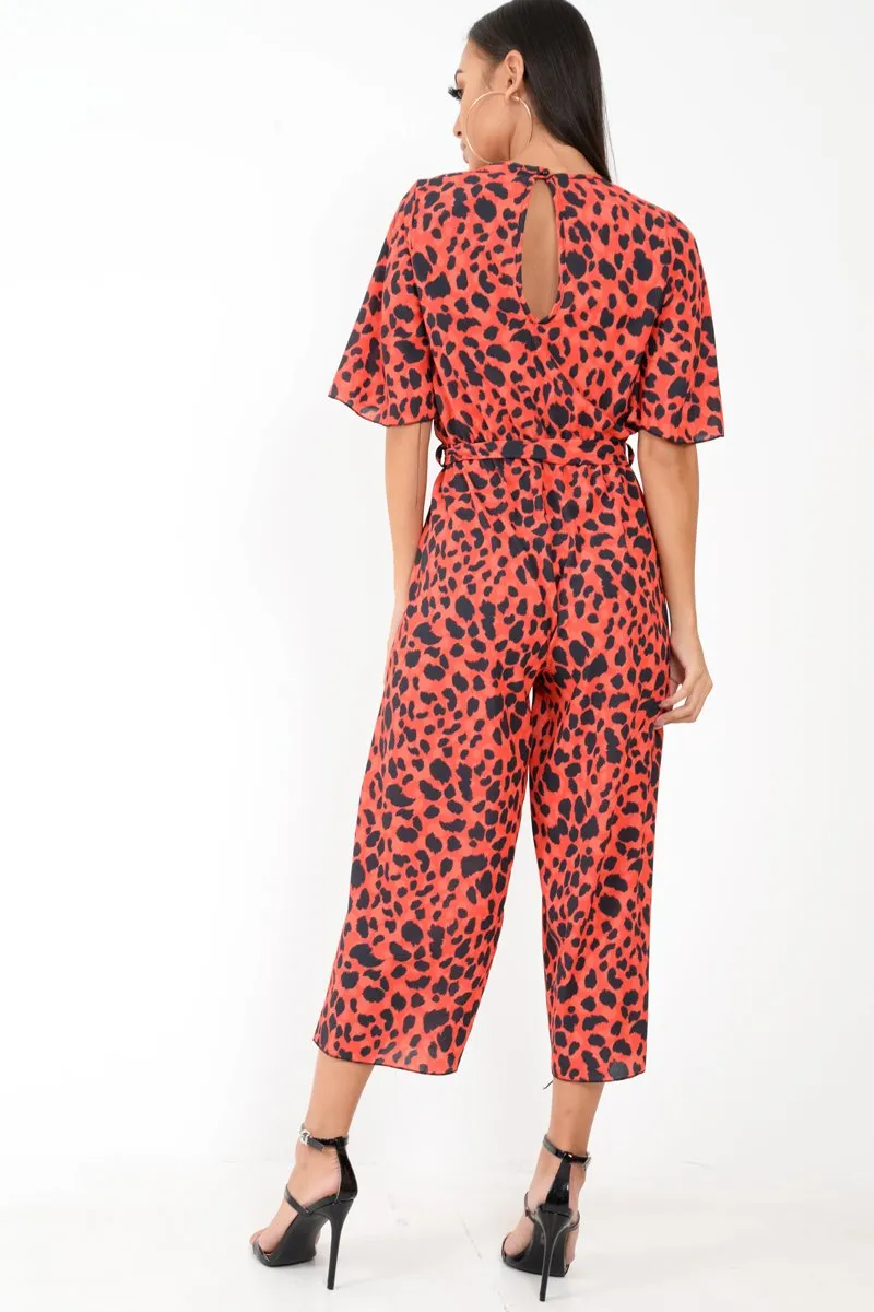 Red Leopard Print Wrap Culotte Jumpsuit -Juni