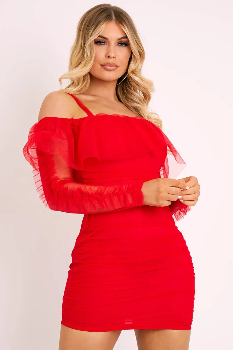 Red Mesh Ruched Bardot Mini Bodycon Dress - Daliya