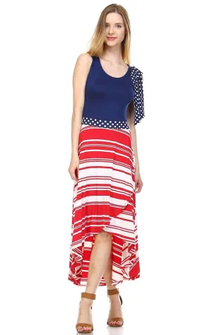 Red White Striped 3 Navy Shoulder Bow Maxi Dress