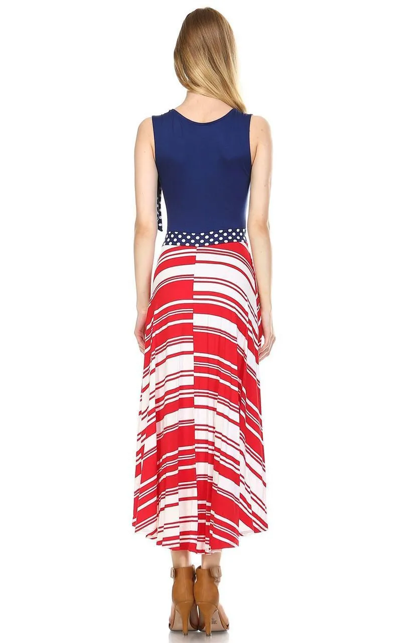 Red White Striped 3 Navy Shoulder Bow Maxi Dress
