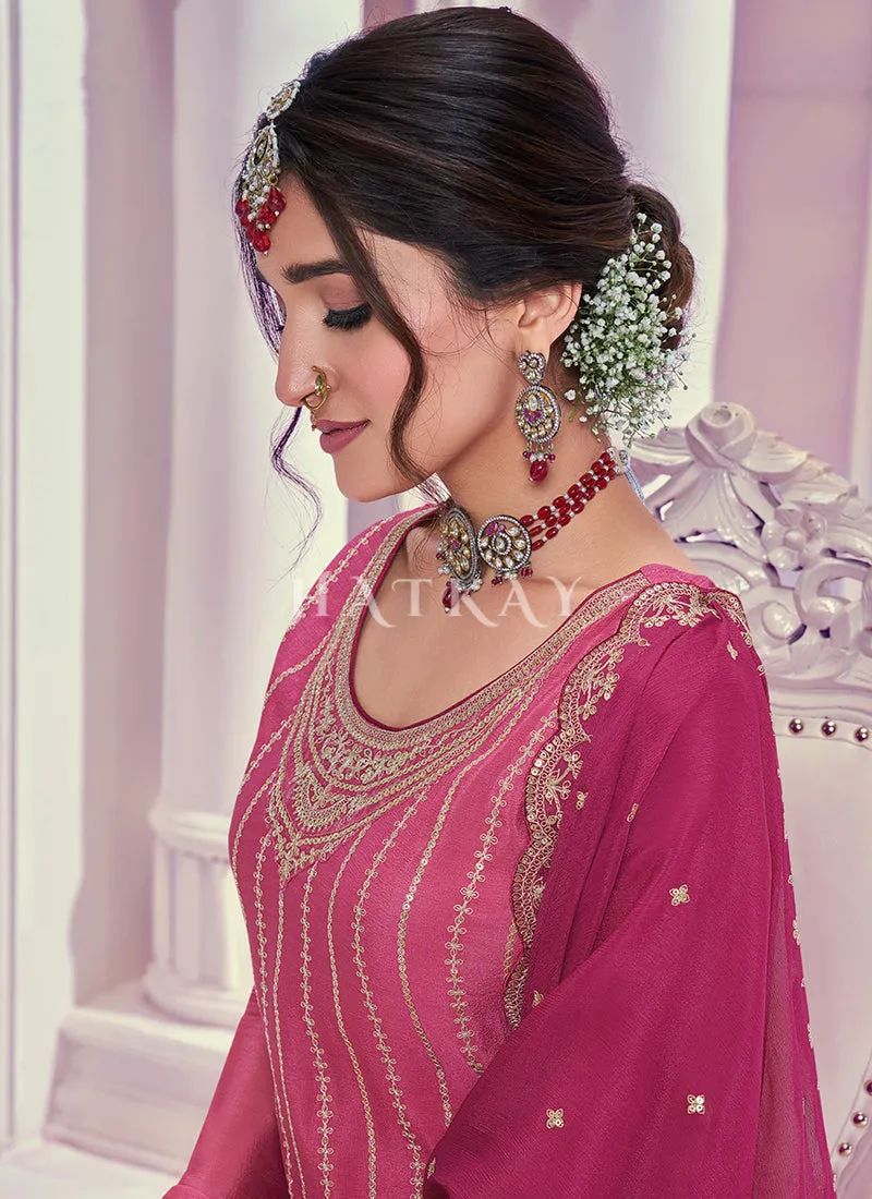 Rich Pink Embroidered Festive Sharara Style Suit