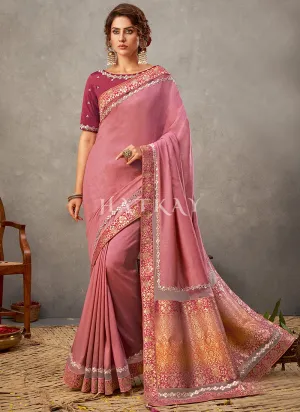 Rose Pink Mirror Work Embroidery Satin Silk Saree